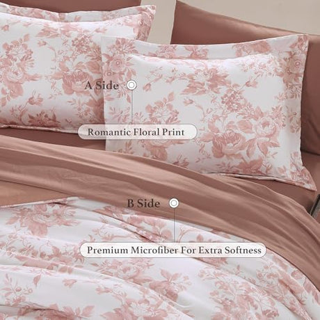 BLOOMHAVEN Full Comforter Set -7 Pieces Pink Floral Comforter Set for All Seasons, Bed in a Bag Full with Botanical Flowers Comforter, Sheets, Pillowcases & Shams BLOOMHAVEN