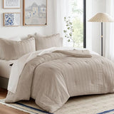 Madison Park Essentials Striped Comforter Set Queen, 7 Pieces Modern Minimalist Jacquard Bedding Set for All Season, Bed in A Bag with Sheet Set and Soft Brushed Reverse, Lightweight Neutral Madison Park Essentials