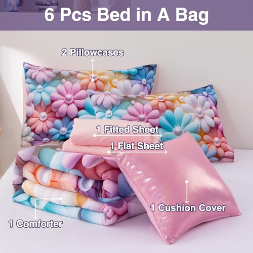 A Nice Night Stunning Blooming 3D Flower Floral Comforter Sets, with Pearl Flower Core Pattern Bedding Set for Girls Queen Size, Ultra Soft Bedding Sets (Blue-Purple, Queen 6Pcs) A Nice Night