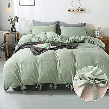 annadaif Sage Green Duvet Cover King Size, 3 Pieces Soft Washed Microfiber Duvet Cover Set, Comforter Cover with Bowknot Bow Tie (1 Duvet Cover 104x90 Inch, 2 Pillowcases) Easy Care Bedding Set annadaif