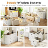 Gurexl 3-in-1 Vanity Desk with Flip Top Mirror and Lights, Makeup Dressing Table with Gun Drawer and Charging Station, Bedroom Dresser Vanity with Chair and Hidden Storage (Antique White) Gurexl