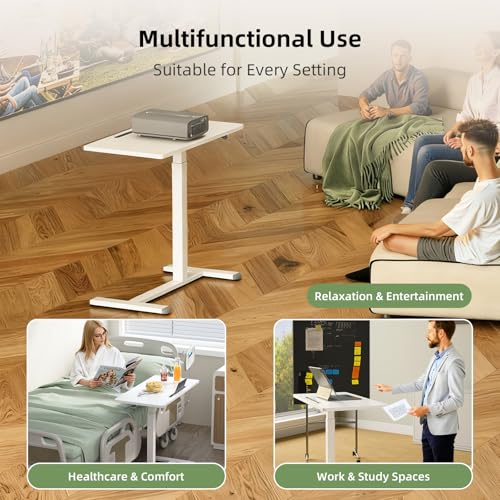 Gibbon Mounts Medical Adjustable Overbed Bedside Table, 32 Inch Pneumatic Mobile Standing Desk with Hidden Wheels, Rolling Laptop Cart for Home, Hospital, White Gibbon Mounts