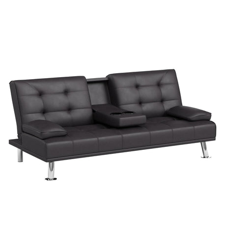 JUMMICO Faux Leather Futon Sofa Bed Futon Couch with Removable Armrests Adjustable Sleeper Sofa Bed with 2 Cup Holders for Living Room (PU Leather, Black) JUMMICO