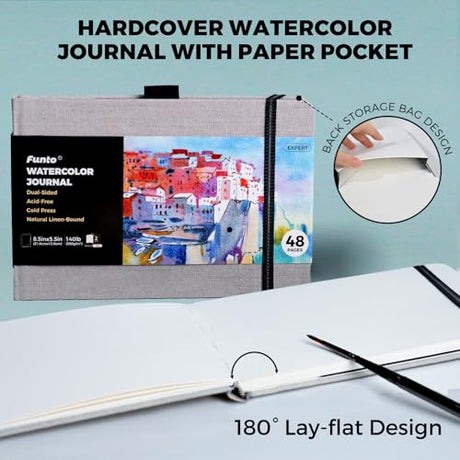 Funto Watercolor Journal, 8.5x5.5, 2 Pack, 48 Pages Each, Cold-pressed, Inner Paper Pocket and Elastic Band, Art Supplies for Mixed Media Funto