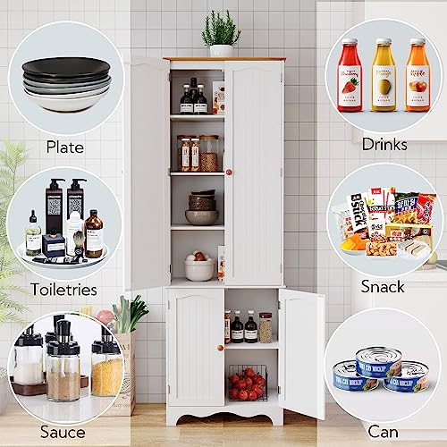 Yusong 72'' Tall Kitchen Pantry Cabinet, Freestanding Storage Cabinet with Doors and Shelves, Wooden Food Pantry Farmhouse Cupboard Buffet for Kitchen Dining Living Room, White Honey Yusong