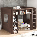 Merax Queen Size Loft Bed with Storage - Wooden High Sleeper Bed with 3 Cabinets & 5 Shelves, Heavy Duty Study Desk Space, Space Saving Bed for Kids Teens, Small Bedroom, Dorm Room, Brown Merax