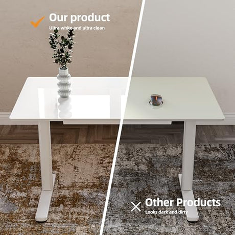 Claiks Glass Standing Desk with Drawers, 40×24 Inch Adjustable Stand Up Desk Quick Install Home Office Computer Desk, White Claiks