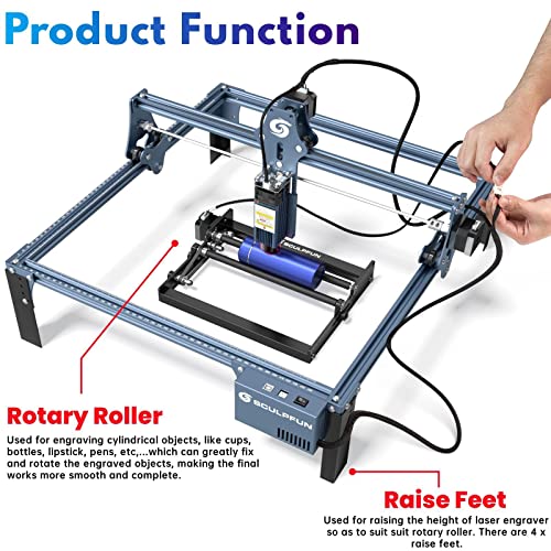 SCULPFUN Laser Rotary Roller, Rotation Auxiliary Kit for Laser Engraver, 360° Auto Rotating Roller for Engraving Cylindrical Objects, Shape Like Bottle Can Pen Cups Lipstick, with 4 Raise Feet SCULPFUN