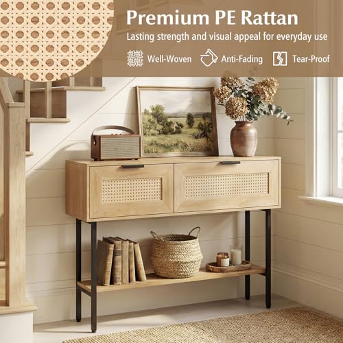 Giantex Rattan Console Table with Storage, 40" Boho Entryway Table w/ 2 Flip Door Cabinets & Shelf, Metal Frame, 2 Anti-Tipping Kits, Narrow Long Behind Couch Sofa Table for Entrance Hallway, Natural Giantex
