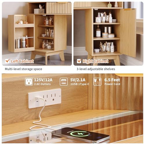 GarveeHome 48 in Fluted Makeup Vanity Desk, Large Lighted Corner Vanity with HD Triple Mirror and Lights, Dressing Table with Glass Top & Charging Station for Bedroom GarveeHome