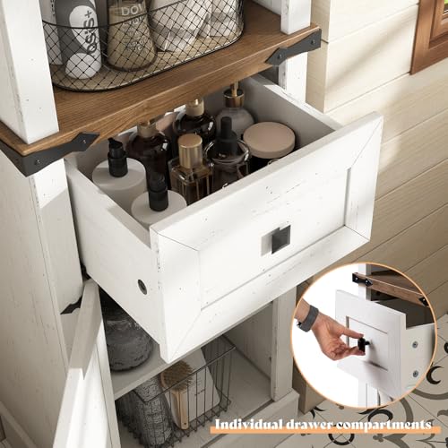 AMERLIFE Tall Bathroom Storage Cabinet, 68" H Farmhouse Slim Storage Cabinet with Door& 5 Adjustable Shelves& Drawers, Toilet Storage, Kitchen Cabinet Storage, Antique White & Barnwood