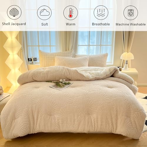 tohrisa Seashell Jacquard Sherpa Comforter Set Warm Cozy Premium Bedding 2 Pieces, Twin Size Geometric Pattern Quilt Comforter with 1 Pillowcases(68"X90" Ivory White) tohrisa