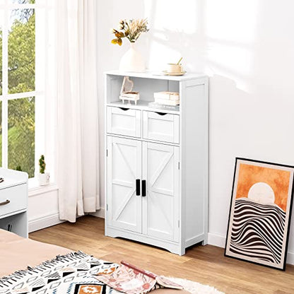 WEENFON Vintage White Floor Cabinet with Barn Doors, 2 Drawers, and Adjustable Shelf for Versatile Home Storage