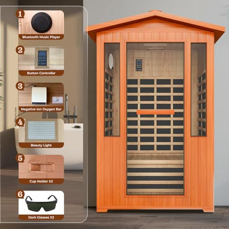 2 Person Far Infrared Sauna, Outdoor Sauna Red Cedar Wood, 2080W Low EMF 110V with 8 Heaters, Chromotherapy Lights, Oxygen Bar, Control Panel & Beauty Light for Yard, Deck, Pool, 48.8 * 38.2 * 81.9 In LINKHOO