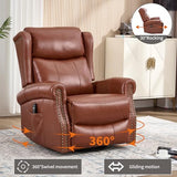 PELUMY Genuine Leather Swivel Rocking Recliner Chair for Adults, 360° Swivel Glider Rocker with Heat & Vibrating Massage, Lounge Chair for Living Room, Bedroom, Nursery (Tangerine-Red Brown)