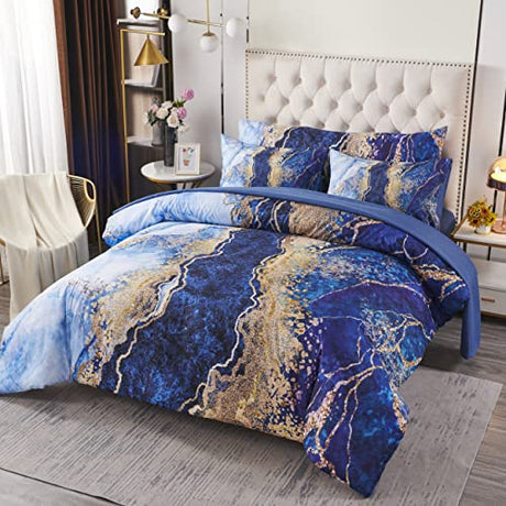 PERFEMET 6 Pcs Bed-in-A-Bag Queen Size Blue Watercolor Marble Printed Comforter Set with Matched Bed Sheets, Colorful Retro Artwork Style Bedroom Collections, Soft Lightweight Quilt Set(Blue,Queen) PERFEMET