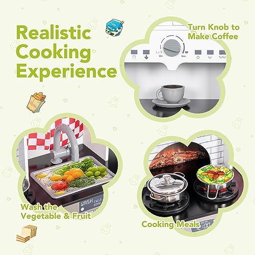 BRINJOY Kids Kitchen Playset, Wooden Toddler Kitchen Set w/Curtains, Coffee Maker, Storage Shelf, Stove,Sink, Utensils, Light & Sound, Kids Pretend Play Kitchen Toy Gift for Girls Boys (3-Stage) BRINJOY