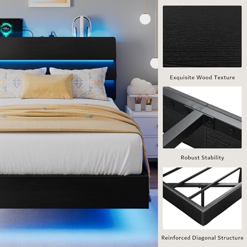 iPormis Floating Twin Size Bed Frame with LED Lights & Charging Station, Platform Bed with Wooden Storage Headboard, Heavy Duty Slats Support, No Box Spring Needed, Easy Assembly, Noise-Free, Black iPormis
