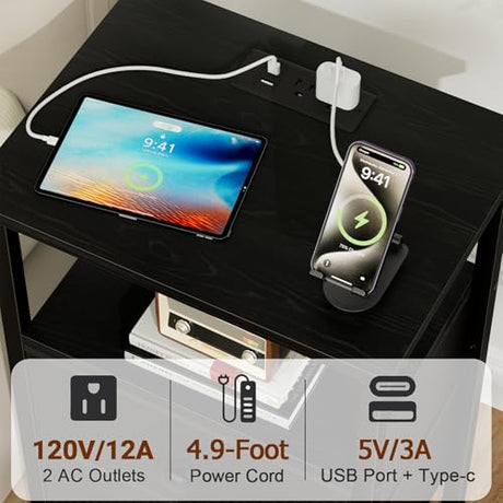 LOAKEKEL Nightstand with Charging Station, End Table with 2 Fabric Drawers, Night Stand for Bedroom, Small Bed Side Table with USB Ports and Outlets for Living Room, Black, HETS020BK-1 LOAKEKEL