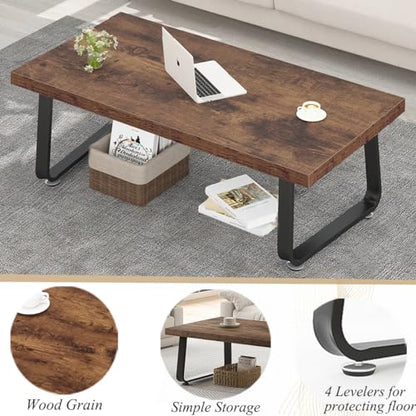 HSH Wooden Coffee Table, Industrial Rectangle Center Table, Modern Minimalist Coffee Table for Living Room, Farmhouse Wood and Metal Cocktail Tea Table for Bedroom Home Office, Rustic Brown,  - WoodArtSupply