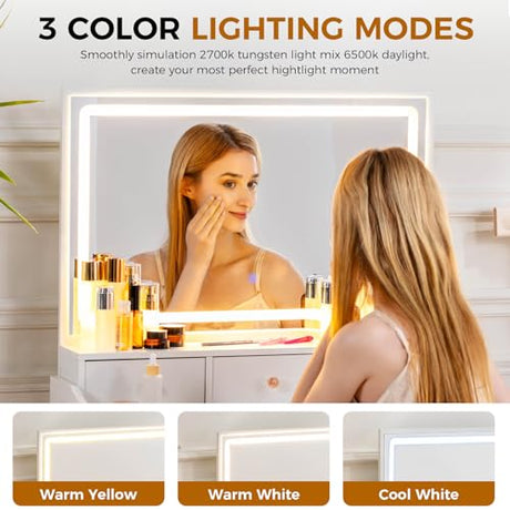 COMHOMA Makeup Vanity Desk with Mirror and Lights, Vanity Table and Chair Set with 5 Drawers and Charging Station, Bedroom Dresser LED Mirror Stepless Dimmable & 3 Color Modes Adjustable, Pearl White COMHOMA