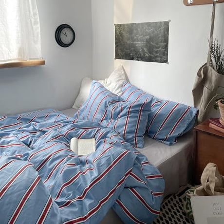 mixinni Vintage Striped Blue Duvet Cover King - 100% Cotton Red Stripes 3-Piece Bedding Duvet Cover Set with Zipper Closure, Soft & Breathable Retro Design for All Seasons (King Size) mixinni