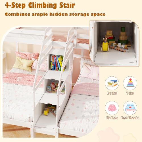 KOTEK Triple Bunk Bed with Stairs, Twin Over Twin & Twin Bunk Bed Frame with Guardrail & Storage, Wooden Bunkbeds for 3 Kids Teens, No Box Spring Needed (White) KOTEK