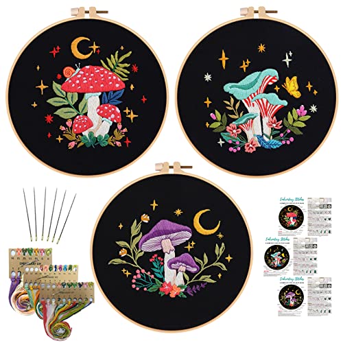 Nuberlic 3 Pack Embroidery Kit for Adults Beginners, Stamped Cross Stitch Starter Kit with Mushroom Patterns, Embroidery Hoops, Threads, Needles & Instructions, DIY Needlepoint Craft Gift