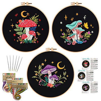 Nuberlic 3 Pack Embroidery Kit for Adults Beginners, Stamped Cross Stitch Starter Kit with Mushroom Patterns, Embroidery Hoops, Threads, Needles & Instructions, DIY Needlepoint Craft Gift