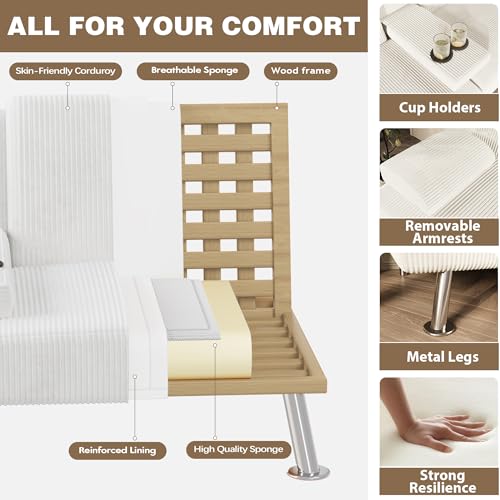Homall Futon Sofa Bed, Futon Couch with Removable Armrests, Adjustable Recliner Sleeper Sofa Bed with Dual Cup Holders for Living Room, Apartment, Office (Corduroy, White) Homall
