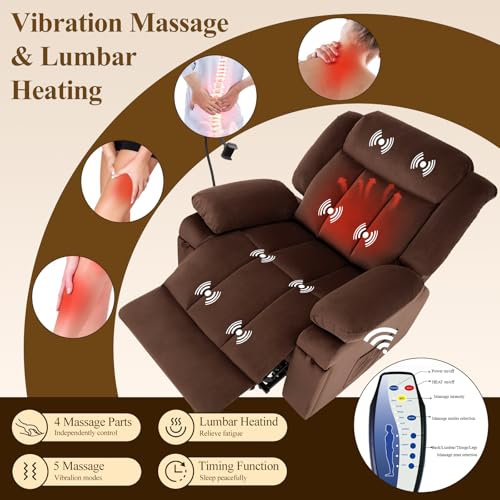 COLAMY Large Wide Power Lift Recliner with Massage and Heat, Extended Footrest for Big Elderly, Phone Stand,Hidden Storage Compartments and Cup Holders for Living Room（Darkbrown COLAMY