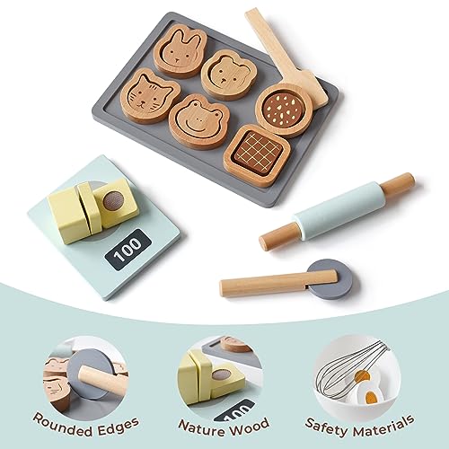 PairPear Wooden Toy Cookies and Baking Set,Kids 28 Pieces Play Food Toy Kitchen Playset,Pretend Play Kitchen Accessories Gift for Boys and Girls 3 Years and up. PairPear