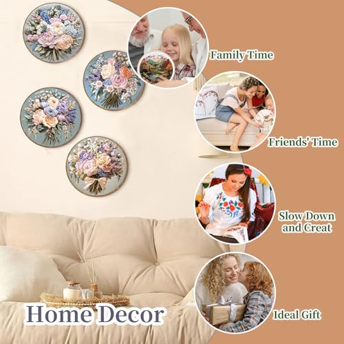 FONNUY Bouquet Flowers Embroidery Kit for Beginners, Pre-Stamped Pattern Kits for Adults with Hoop, Easy to Follow Color Thread Needlework, 8'' Hoop (Timeless Elegance)