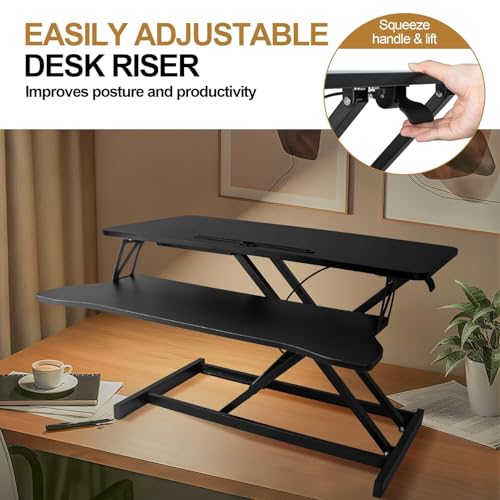 OUKMIC Standing Desk Converter 32” Height Adjustable Sit to Stand Up Desk Riser with Keyboard Tray for Home or Office, Dual Monitor and Computer Workstation Wide 2-Tier Desktop, Black OUKMIC