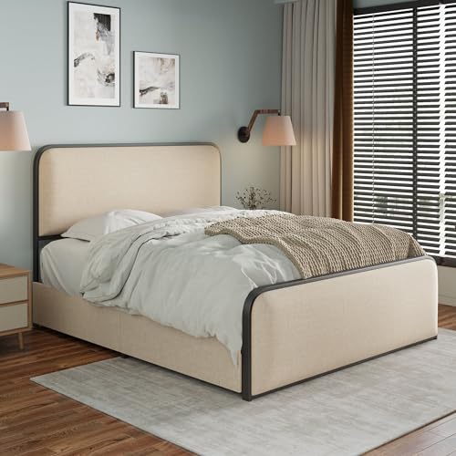 Merax Metal Platform Bed King Size with Curved Upholstered Headboard and Footboard, King Bed Frame with 4 Storage Drawers Under Bed, Heavy Duty Metal Slats, No Box Spring Needed, Easy Assembly, Beige Merax