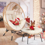 NICESOUL® Wicker Stationary Egg Chair Indoor Outdoor Egg Basket Lounge Chair Oversized Thick Cushions Egg Seat with Legs 440lbs Egg Nest Chair with Ottoman, Boho Rattan Chair for Patio Beige NICESOUL
