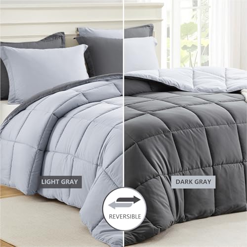Homelike Moment Queen Comforter Set Grey, Comforters Queen Size Set, Soft Lightweight Down Alternative Bed Comforter Full Size Reversible All Season 3 Pieces Sets Grey/Light Gray Homelike Moment