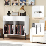 LOKO Large Record Player Stand with Charging Station, Vinyl Record Holder with Storage Compartments & 2 Drawers, Turntable Display Stand with Metal Legs for Living Room, Bedroom, Office (White) LOKO