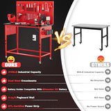 Work Bench, Ferreteriai 47" Heavy Duty Workbench with Power Outlet & USB-C, Exclusive Red Side Battery Holder, Adjustable Height, 2100LB Capacity, Locking Wheels for Garage Workshop Ferreteriai