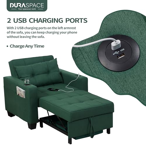 DURASPACE Futon Sofa Bed, 3 in 1 Convertible Sofa Chair Bed, Adjustable Backrest Chair, Chaise Lounge with USB Ports, Cup Holder, Side Pocket, Storage Box (Green) DURASPACE