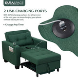 DURASPACE Futon Sofa Bed, 3 in 1 Convertible Sofa Chair Bed, Adjustable Backrest Chair, Chaise Lounge with USB Ports, Cup Holder, Side Pocket, Storage Box (Green) DURASPACE