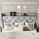 Feonase Full Size Bed Frame with Luxury Wingback and Fast Charging Station,Full Upholstered Button Tufted Storage Headboard Platform Bed,Sturdy Wooden Slats Support,Easy Assembly,Noise-Free,Light Gray Feonase