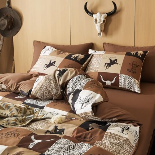 Wake In Cloud - Western Comforter Set, Southwestern Aztec Country Horse Cowboy Rustic Ranch Pattern Printed, Soft Lightweight Bedding, 3 Pieces, Tan Brown, Full Size Wake In Cloud