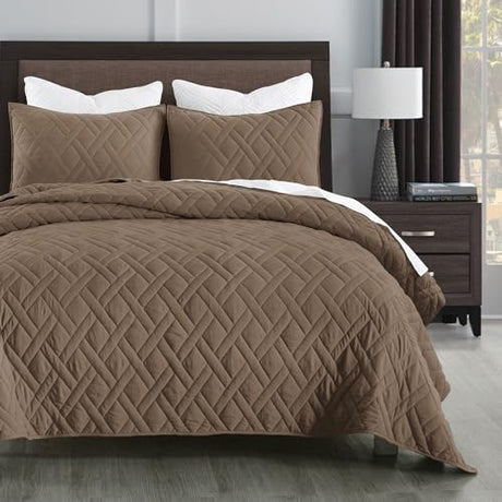 HORIMOTE HOME Quilt Set Queen Size Pine Bark, Classic Geometric Diamond Stitched Pattern, Ultra Soft Microfiber Lightweight Bedding Bedspread Coverlet for All Season with 1 Quilt 2 Pillow Shams HORIMOTE HOME