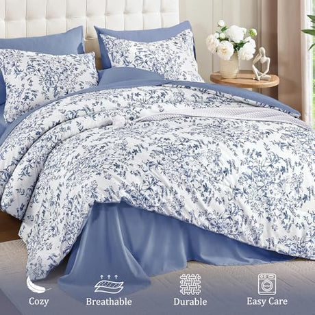 WONGS BEDDING Blue Floral Comforter Set Queen Size, 8 Pieces Flower Botanical Bed in a Bag Bedding Set, Soft Microfiber Comforter, Sheets, Pillowcases & Shams (90"x90") WONGS BEDDING