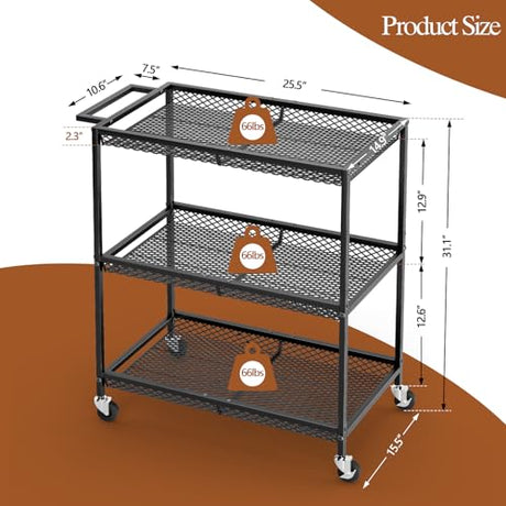 3 Tier Rolling Utility Kitchen Cart, Heavy Duty Wire Rolling Cart on Wheels, Commercial Metal Serving Carts with Handle, Kitchen Island Plant Shelf Food Storage Trolley for Laundry, Office, Garage ThreeHio