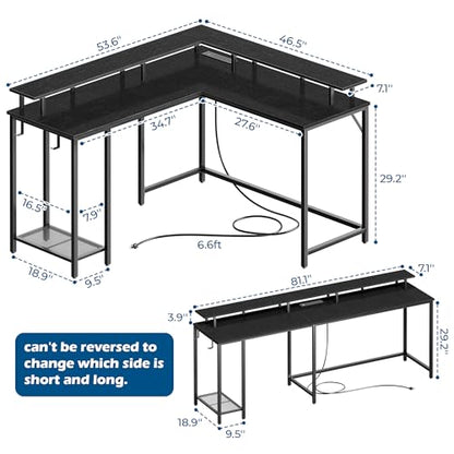 SUPERJARE Desk L Shaped Gaming Desk with LED Lights & Power Outlets, Computer Desk with Monitor Stand, Home Office Desk Corner Desk with Headphone Hooks, Black - WoodArtSupply