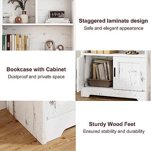 IDEALHOUSE Wood Bookcase with Doors White Bookshelf with LED Lights Modern Storage Rack 3 Shelf Standing Bookshelves Large Display Shelf Unique Book - WoodArtSupply