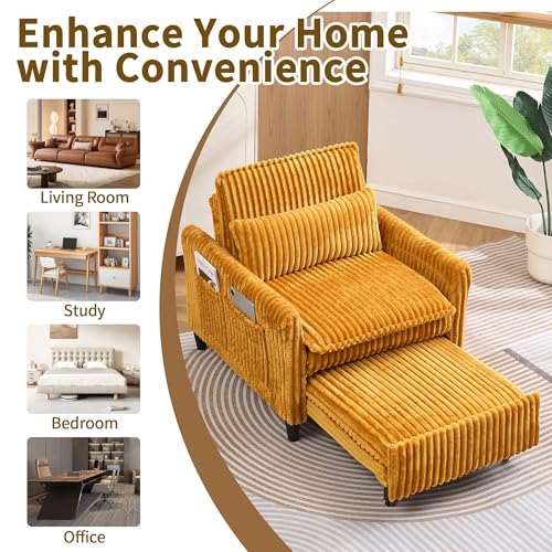 Majnesvon Modern Corduroy Fabric Sofa Bed Futon, 3 in 1 Convertible Pullout Bed Sleeper Couches with 3 Reclining Backrests, Small Sofa Chair Bed for Living Room Bedroom (Yellow) Majnesvon