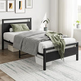 HOJINLINERO Black Twin Bed Frame with Wood Headboard,Metal Single Platform Bed Frame Twin Size No Box Spring Needed,Heavy Duty Metal Slats Support,Mattress Base,Noise Free,Easy Assembly,Black HOJINLINERO